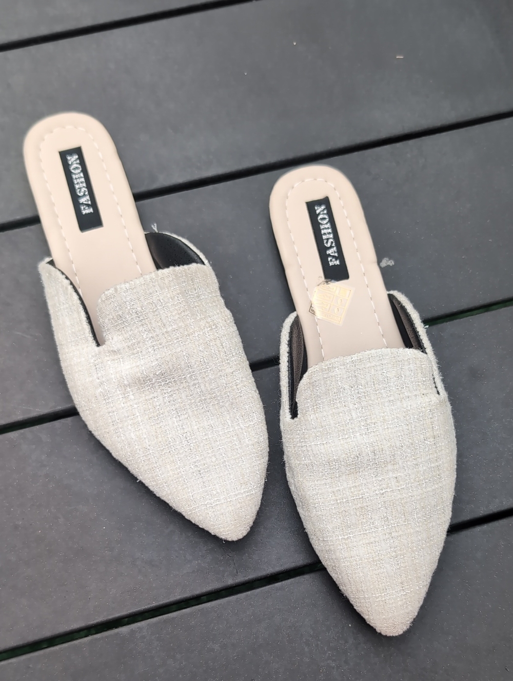 Beige Pointed Toe Slip-On Mules - Size 6